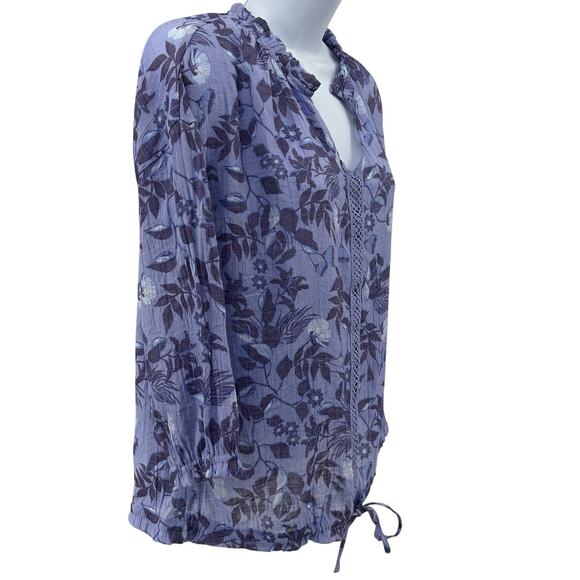 Como Blue Blouse Womens M Purple Floral 3/4 Sleeve Cinch Tie Waist Split V-Neck - Picture 2 of 9
